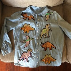 Denim button down with sequin dinosaurs
